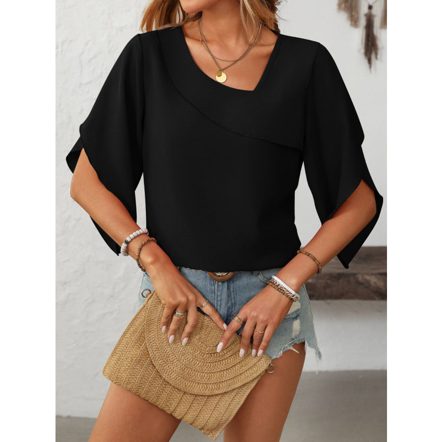 Mandy Ruffled Asymmetrical Neck Half Sleeve Blouse Black / S Apparel and Accessories