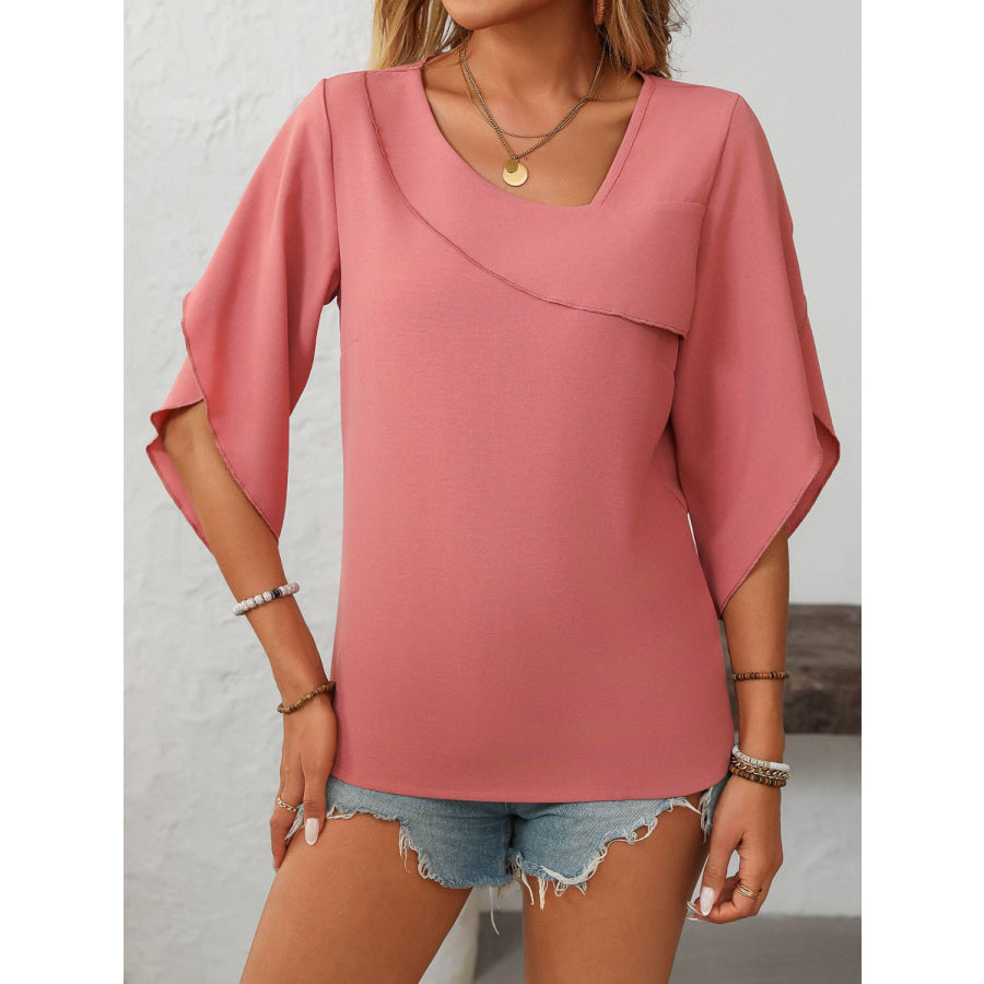 Mandy Ruffled Asymmetrical Neck Half Sleeve Blouse Dusty Pink / S Apparel and Accessories