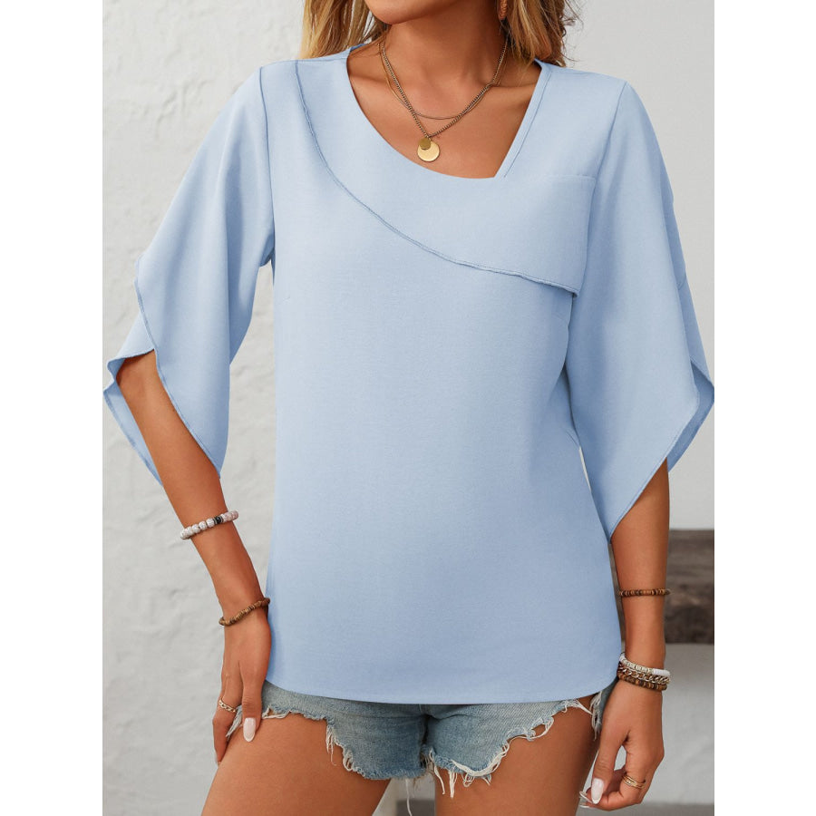 Mandy Ruffled Asymmetrical Neck Half Sleeve Blouse Light Blue / S Apparel and Accessories