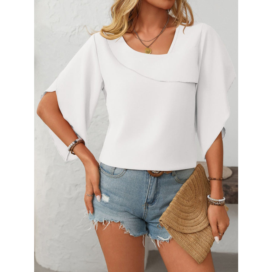 Mandy Ruffled Asymmetrical Neck Half Sleeve Blouse White / S Apparel and Accessories