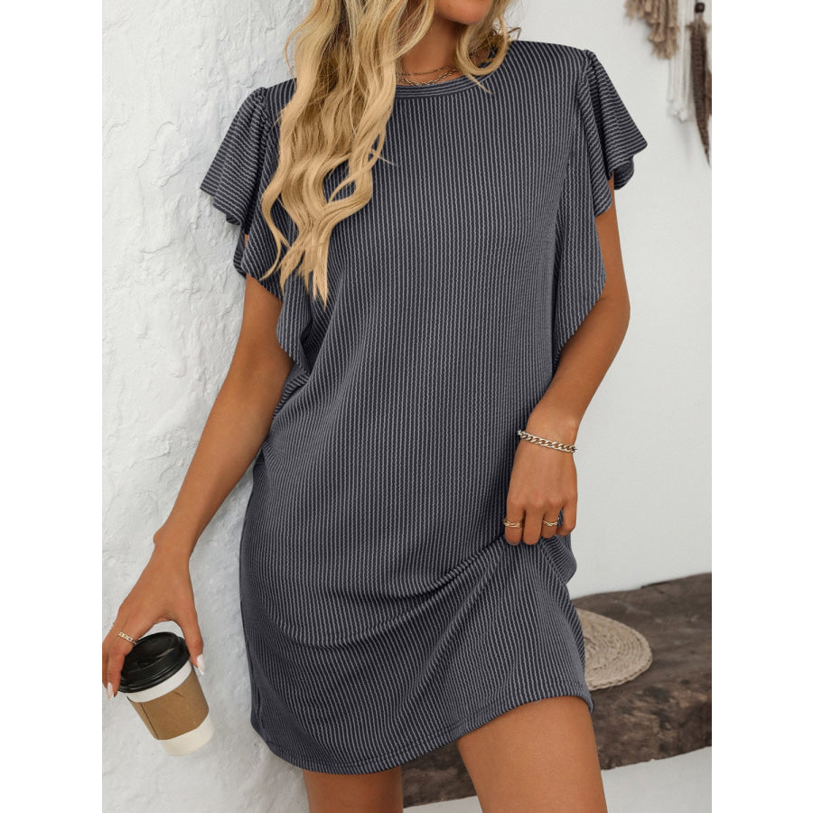 Mandy Ruffled Round Neck Short Sleeve Dress Dark Gray / S Apparel and Accessories