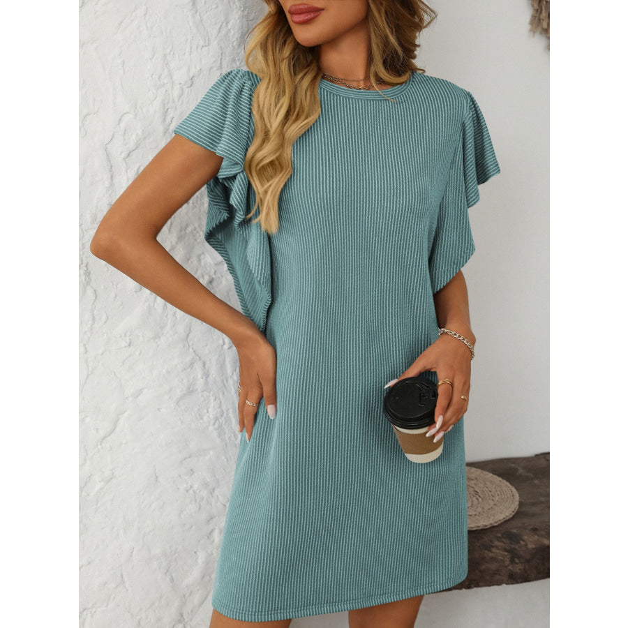 Mandy Ruffled Round Neck Short Sleeve Dress Teal / S Apparel and Accessories