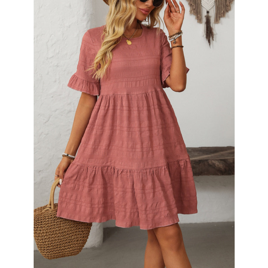 Mandy Ruffled Ruched Round Neck Half Sleeve Dress Dusty Pink / S Apparel and Accessories