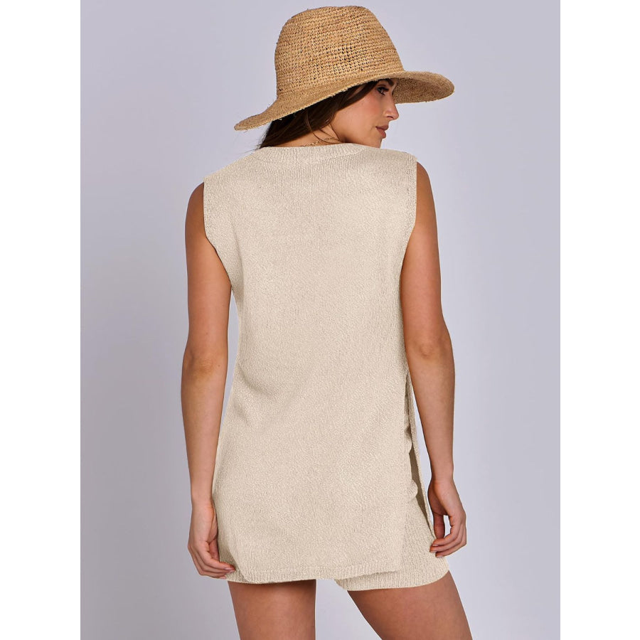 Mandy Side Slit Round Neck Tank and Shorts Sweater Set Apparel and Accessories