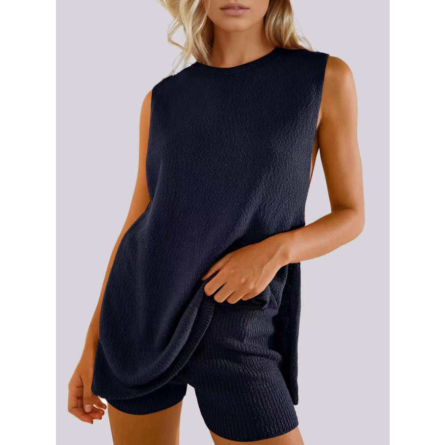 Mandy Side Slit Round Neck Tank and Shorts Sweater Set Dark Blue / S Apparel and Accessories