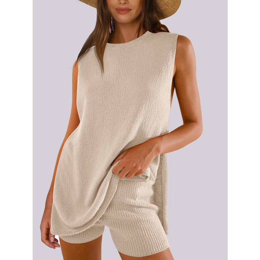 Mandy Side Slit Round Neck Tank and Shorts Sweater Set Dust Storm / S Apparel and Accessories