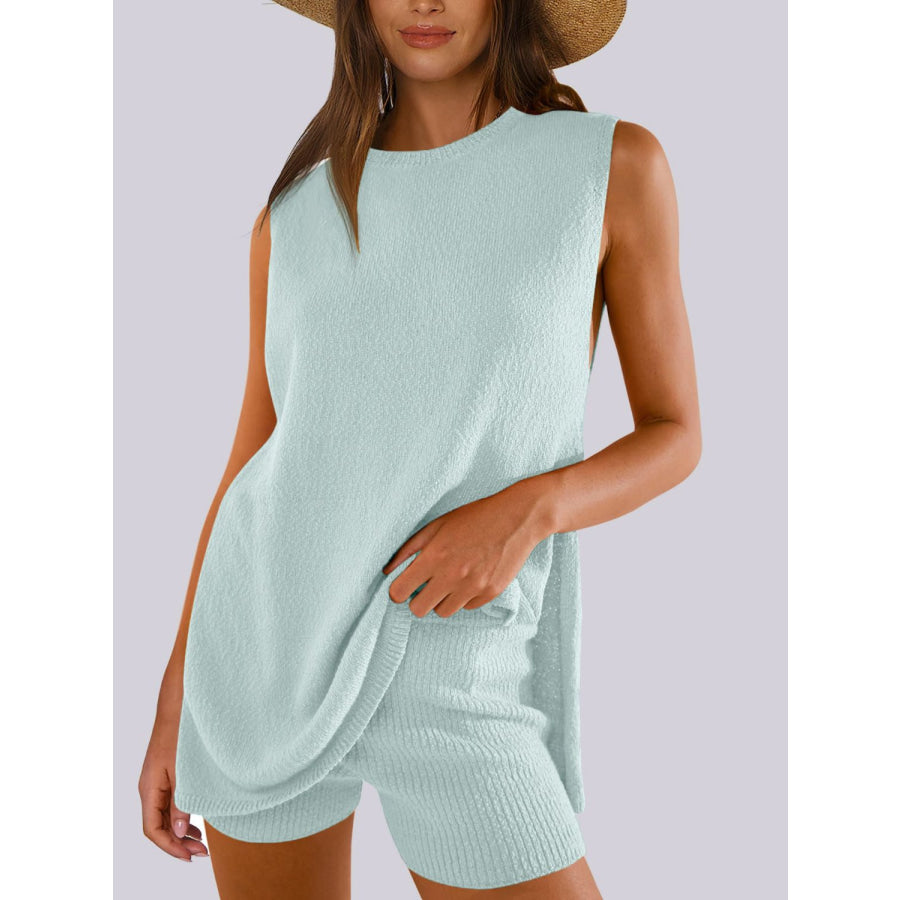 Mandy Side Slit Round Neck Tank and Shorts Sweater Set Tiffany Blue / S Apparel and Accessories