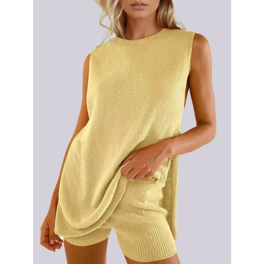 Mandy Side Slit Round Neck Tank and Shorts Sweater Set Yellow / S Apparel and Accessories