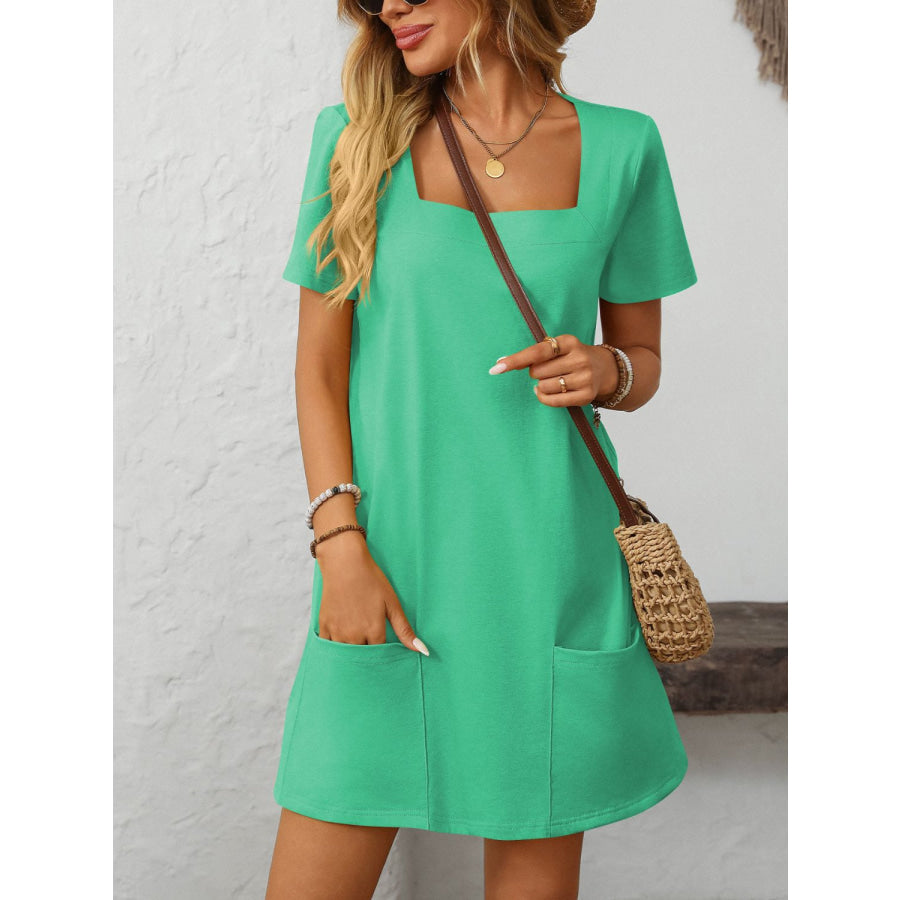 Mandy Square Neck Short Sleeve Mini Dress Apparel and Accessories