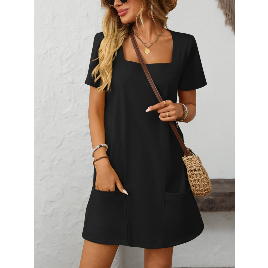 Mandy Square Neck Short Sleeve Mini Dress Black / S Apparel and Accessories