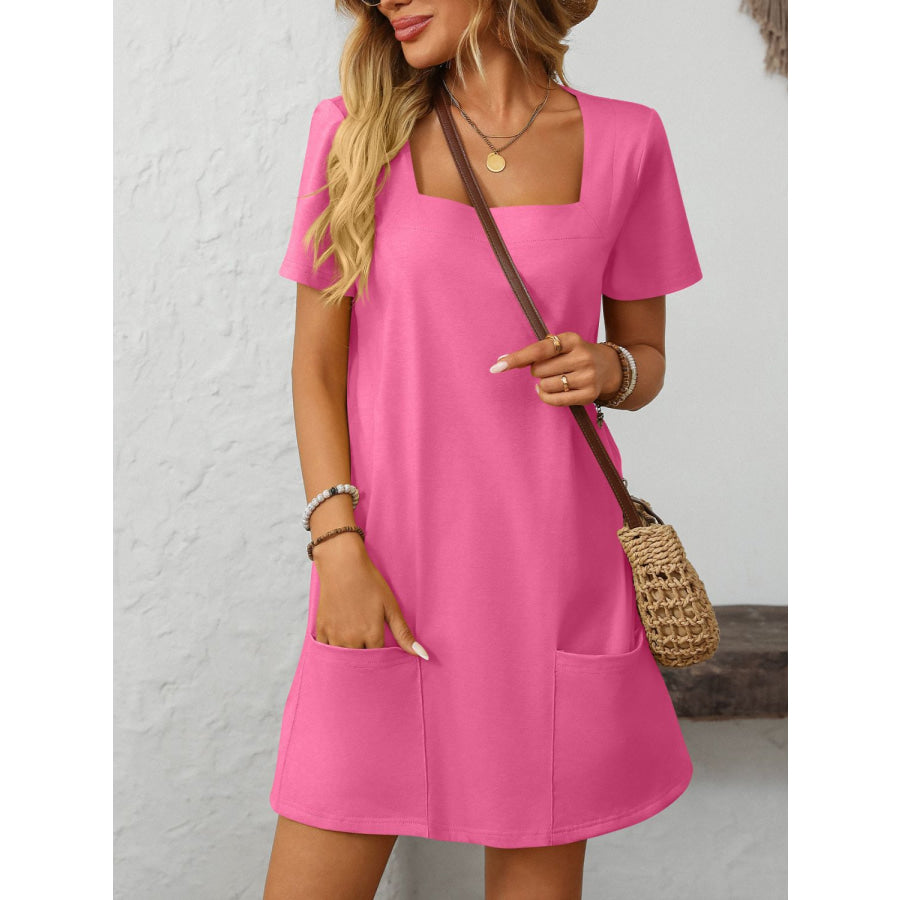 Mandy Square Neck Short Sleeve Mini Dress Fuchsia Pink / S Apparel and Accessories