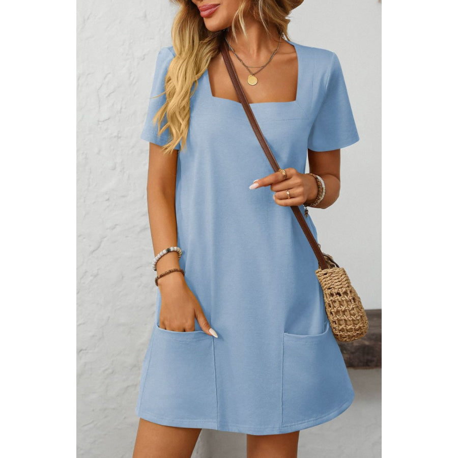 Mandy Square Neck Short Sleeve Mini Dress Light Blue / S Apparel and Accessories