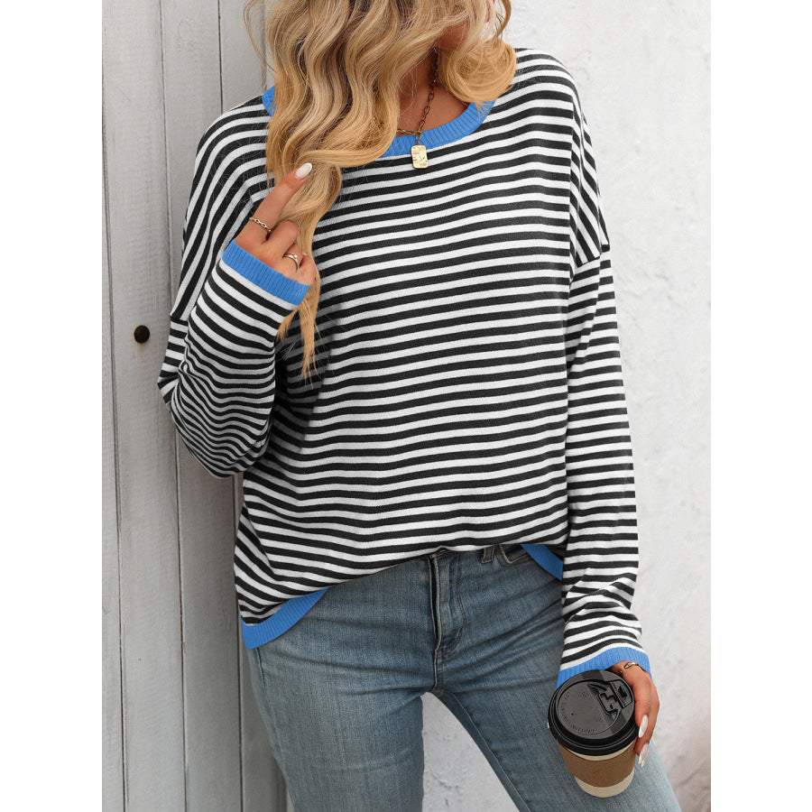 Mandy Striped Round Neck Long Sleeve Sweater Apparel and Accessories