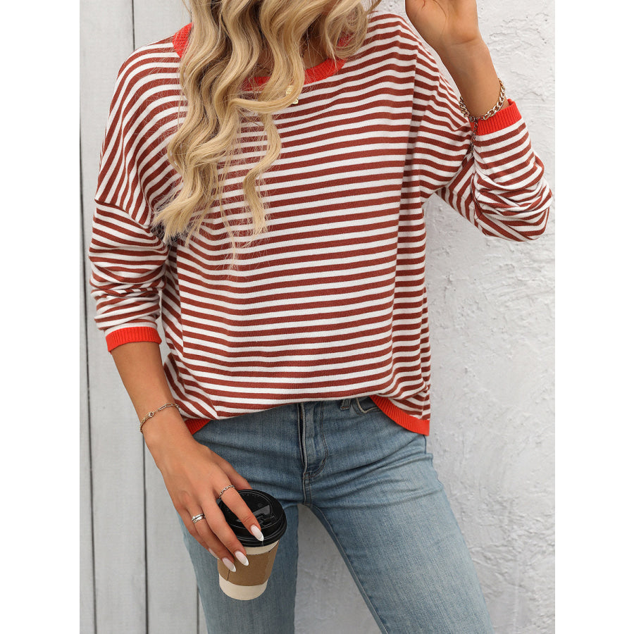 Mandy Striped Round Neck Long Sleeve Sweater Apparel and Accessories