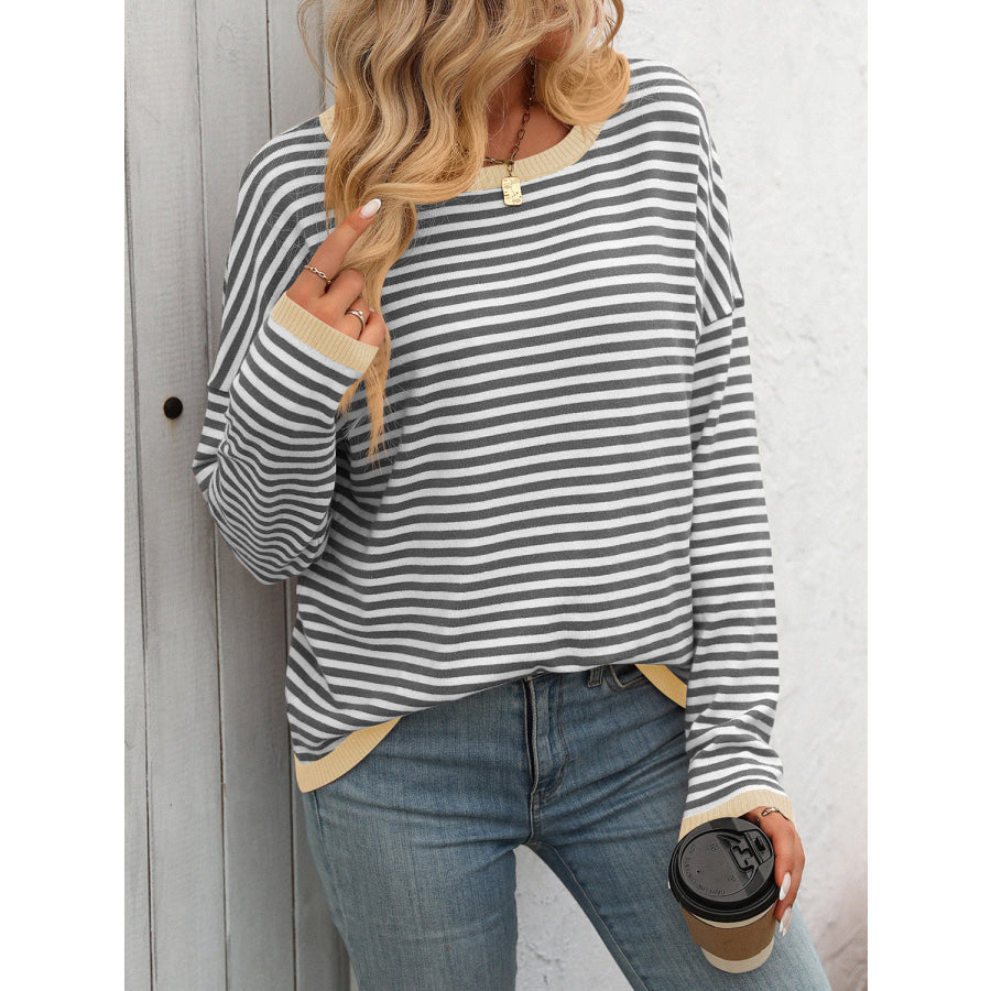 Mandy Striped Round Neck Long Sleeve Sweater Apparel and Accessories