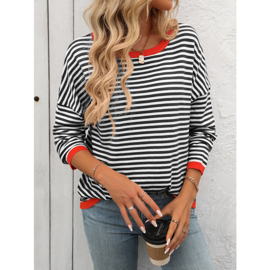 Mandy Striped Round Neck Long Sleeve Sweater Apparel and Accessories