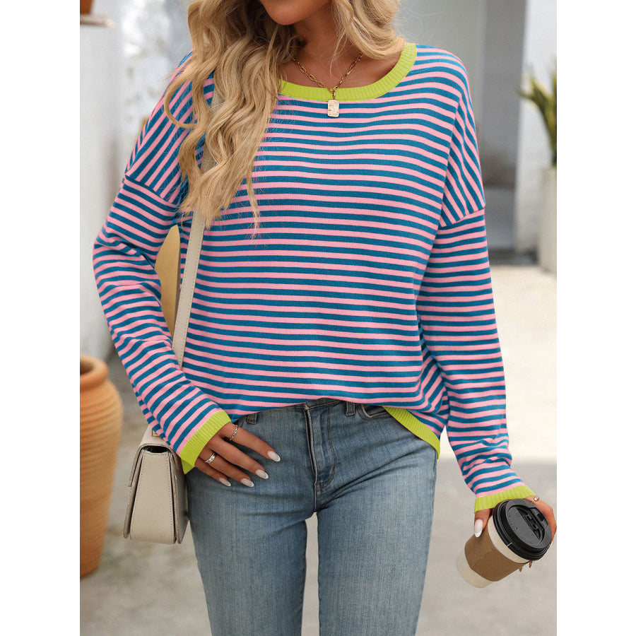 Mandy Striped Round Neck Long Sleeve Sweater Apparel and Accessories