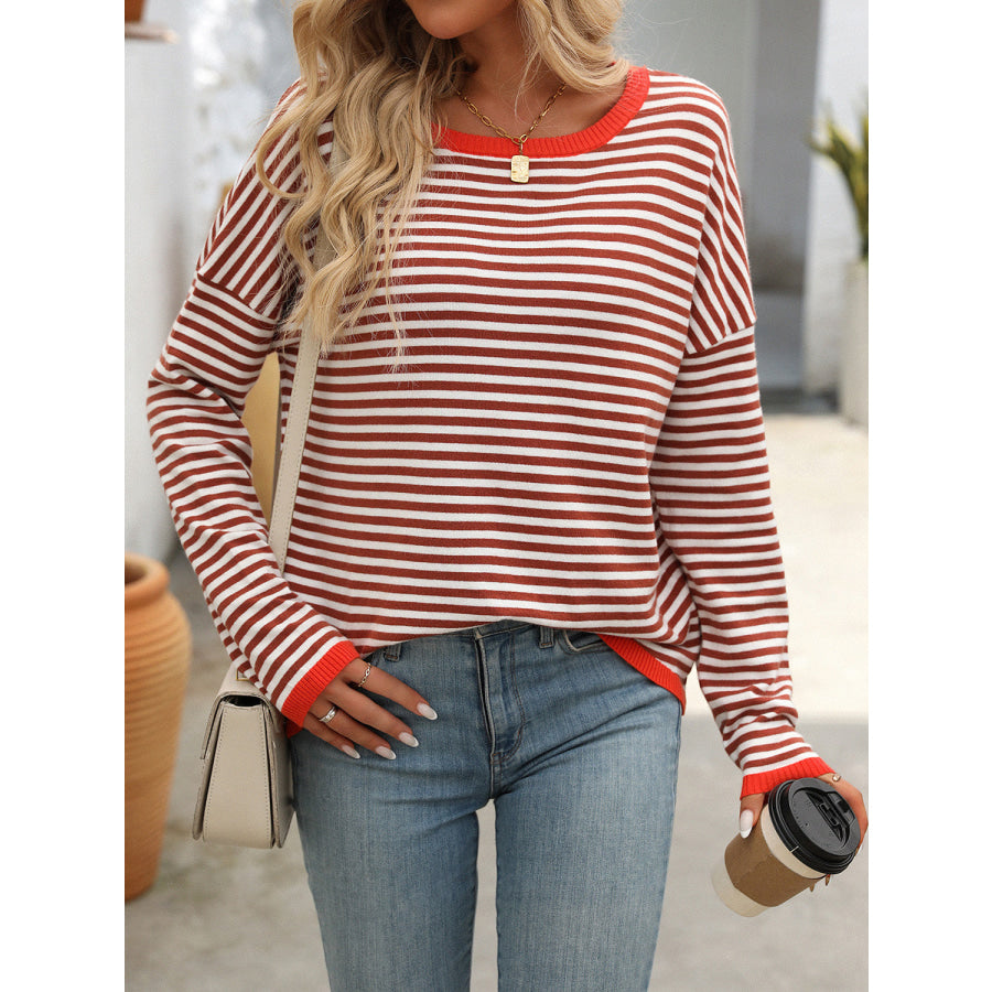 Mandy Striped Round Neck Long Sleeve Sweater Apparel and Accessories