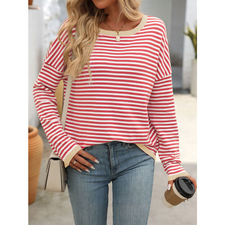 Mandy Striped Round Neck Long Sleeve Sweater Apparel and Accessories