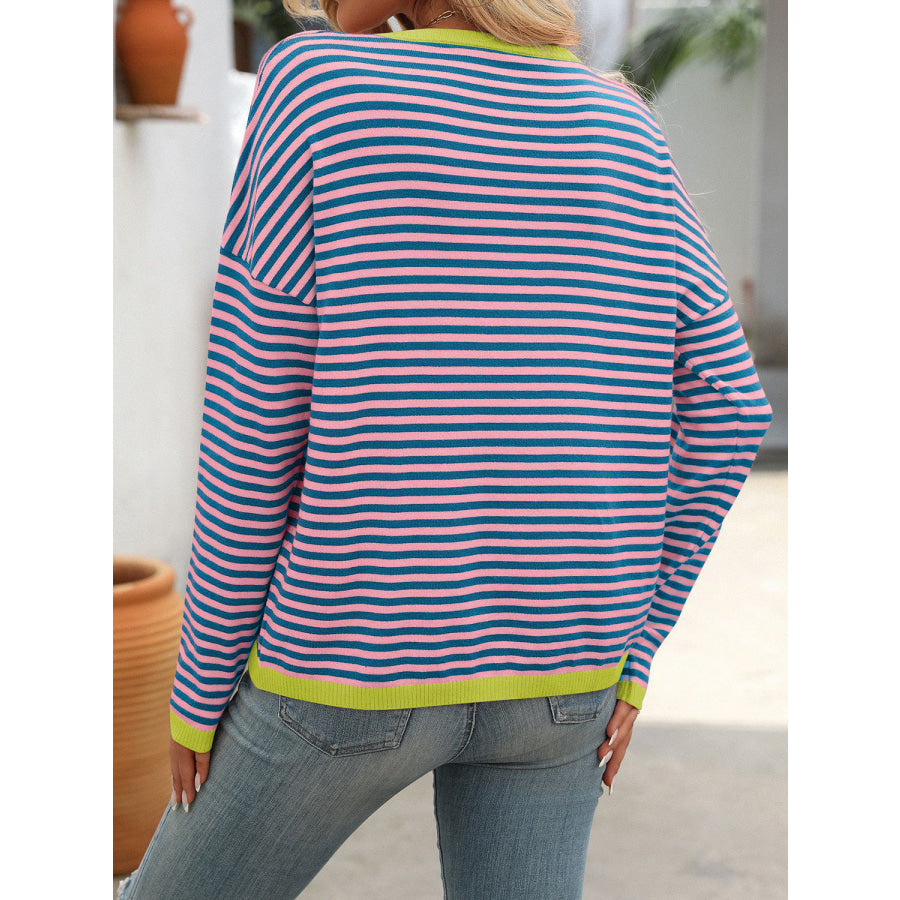 Mandy Striped Round Neck Long Sleeve Sweater Apparel and Accessories