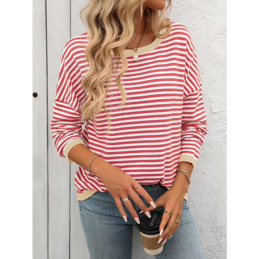 Mandy Striped Round Neck Long Sleeve Sweater Apparel and Accessories