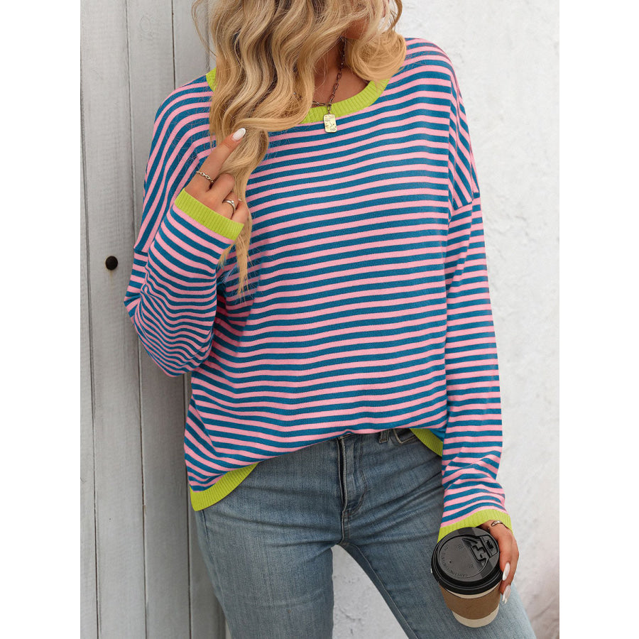 Mandy Striped Round Neck Long Sleeve Sweater Apparel and Accessories