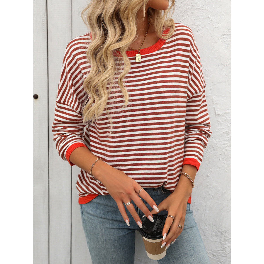 Mandy Striped Round Neck Long Sleeve Sweater Apparel and Accessories