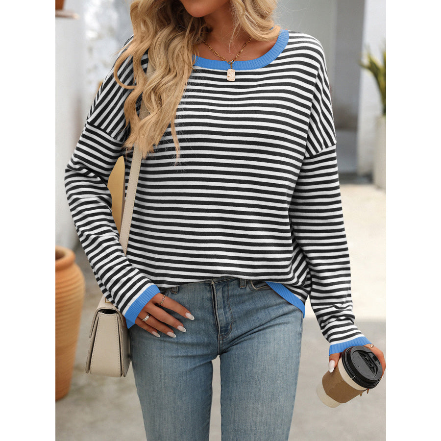 Mandy Striped Round Neck Long Sleeve Sweater Apparel and Accessories