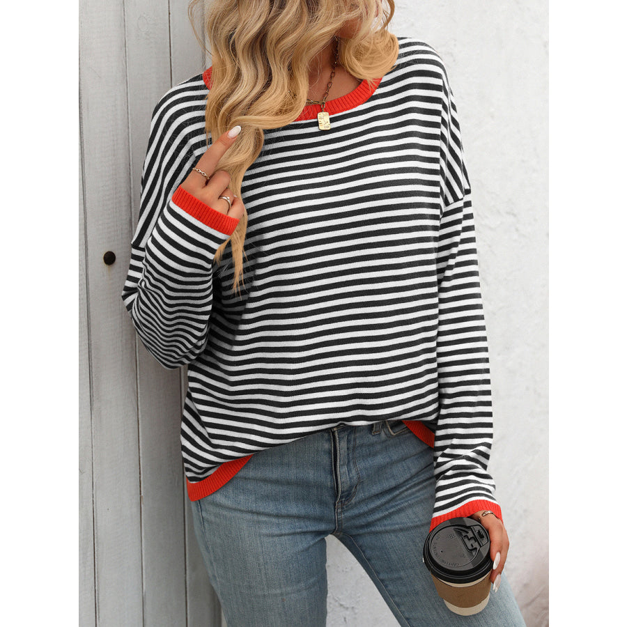 Mandy Striped Round Neck Long Sleeve Sweater Black/Red / S Apparel and Accessories