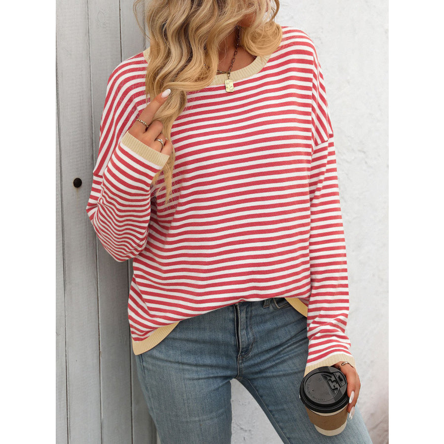 Mandy Striped Round Neck Long Sleeve Sweater Coral / S Apparel and Accessories