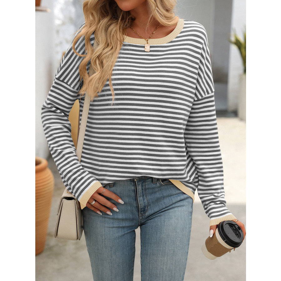 Mandy Striped Round Neck Long Sleeve Sweater Dark Gray / S Apparel and Accessories