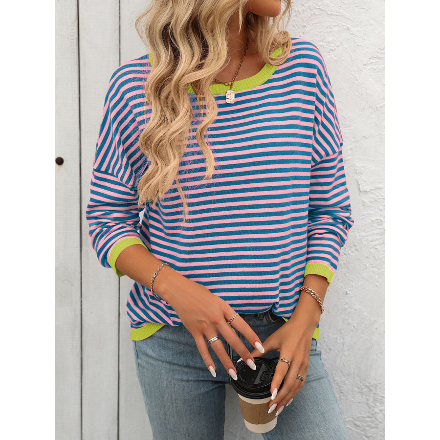 Mandy Striped Round Neck Long Sleeve Sweater Pink/Blue / S Apparel and Accessories