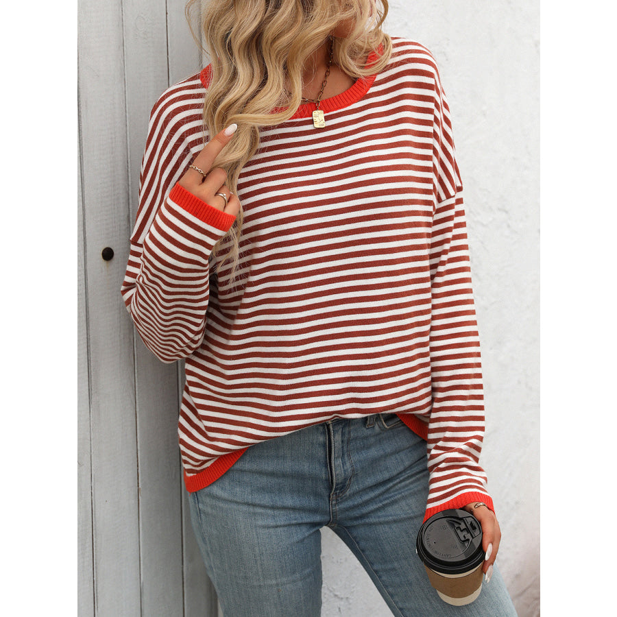 Mandy Striped Round Neck Long Sleeve Sweater Rust / S Apparel and Accessories