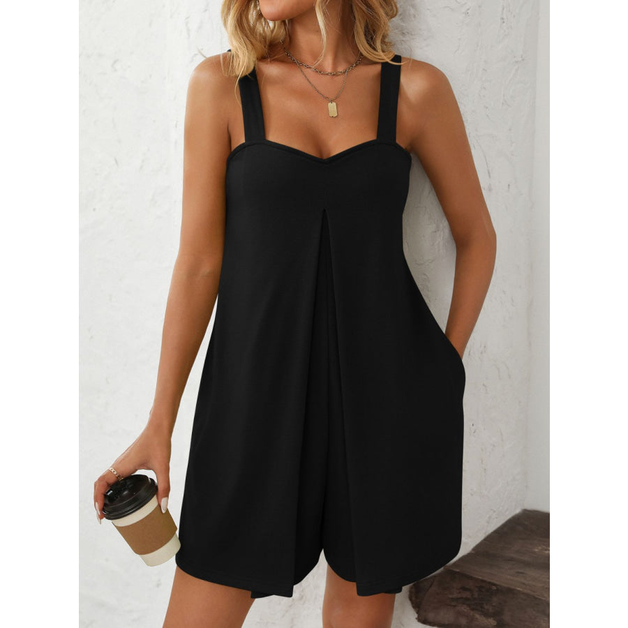 Mandy Sweetheart Neck Wide Strap Romper with Pockets Black / S Apparel and Accessories