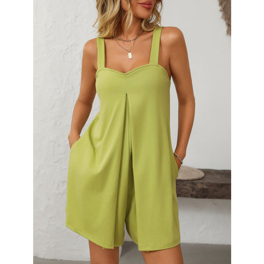 Mandy Sweetheart Neck Wide Strap Romper with Pockets Lime / S Apparel and Accessories