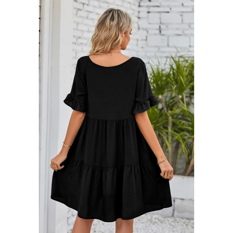 Mandy V-Neck Flounce Sleeve Tiered Dress Apparel and Accessories