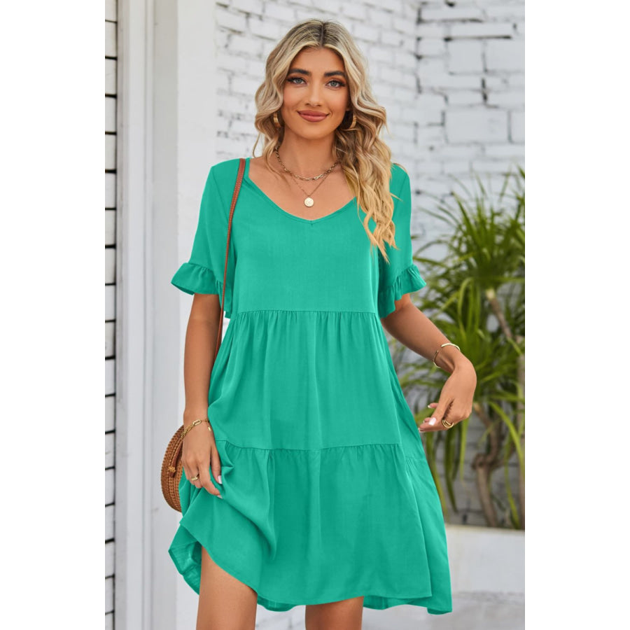 Mandy V-Neck Flounce Sleeve Tiered Dress Apparel and Accessories