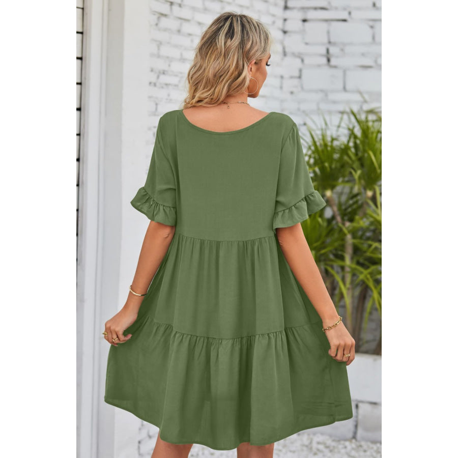 Mandy V-Neck Flounce Sleeve Tiered Dress Apparel and Accessories