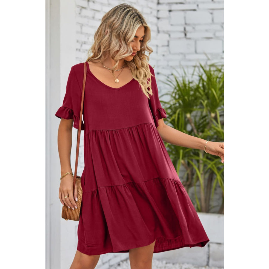 Mandy V-Neck Flounce Sleeve Tiered Dress Apparel and Accessories