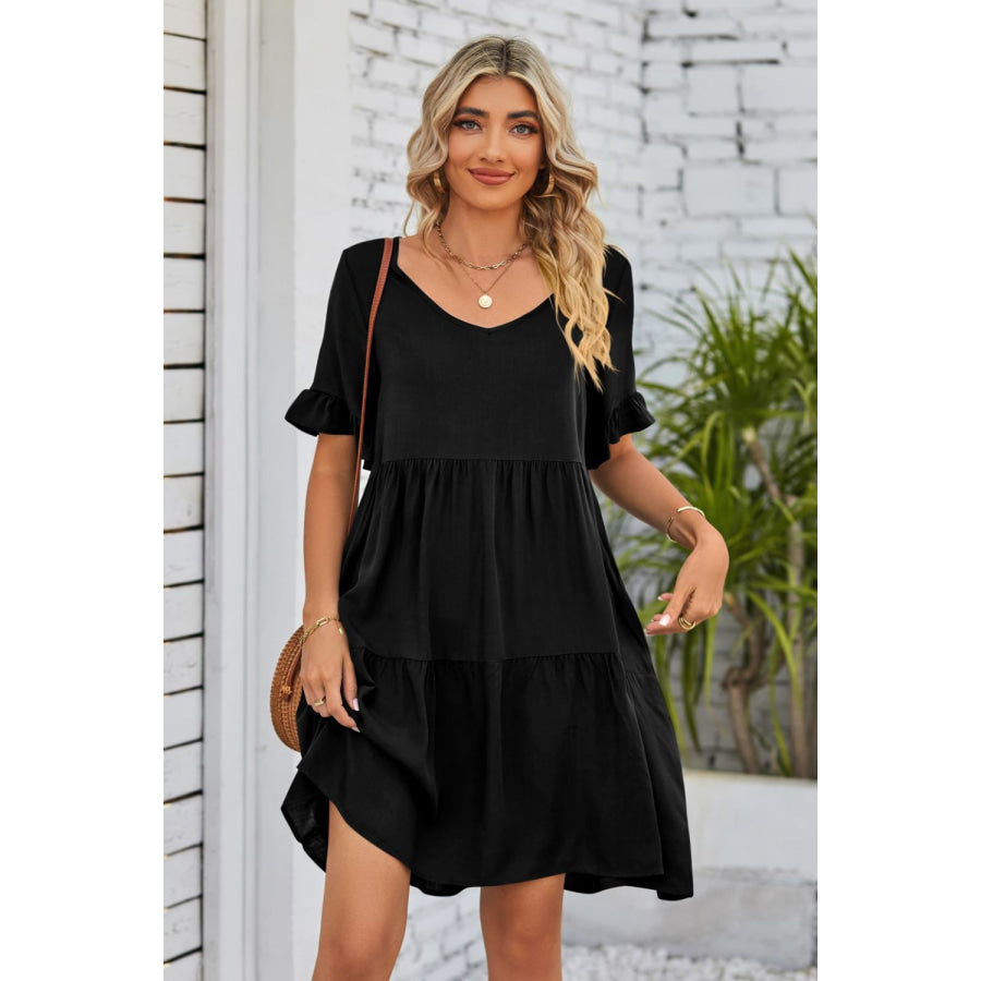 Mandy V-Neck Flounce Sleeve Tiered Dress Apparel and Accessories