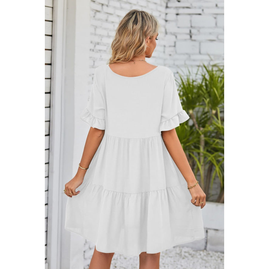 Mandy V-Neck Flounce Sleeve Tiered Dress Apparel and Accessories