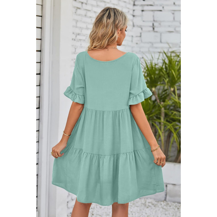 Mandy V-Neck Flounce Sleeve Tiered Dress Apparel and Accessories