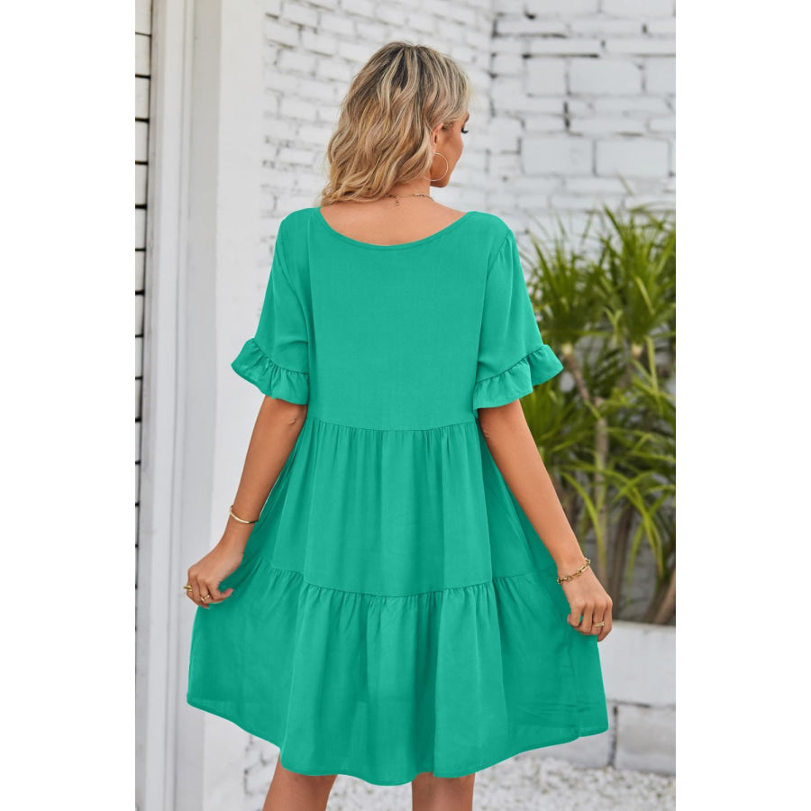 Mandy V-Neck Flounce Sleeve Tiered Dress Apparel and Accessories