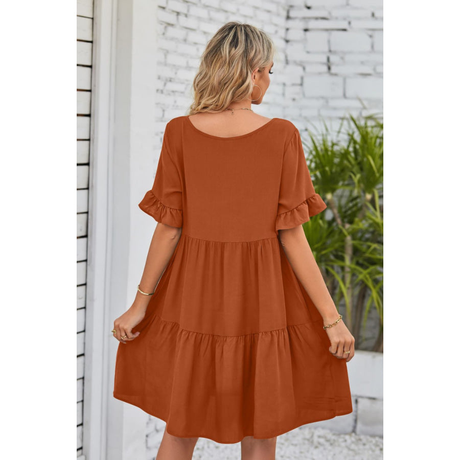 Mandy V-Neck Flounce Sleeve Tiered Dress Apparel and Accessories