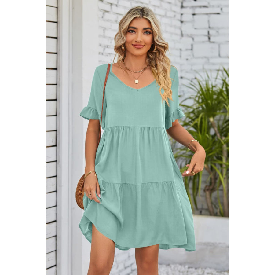 Mandy V-Neck Flounce Sleeve Tiered Dress Apparel and Accessories