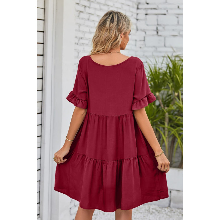 Mandy V-Neck Flounce Sleeve Tiered Dress Apparel and Accessories