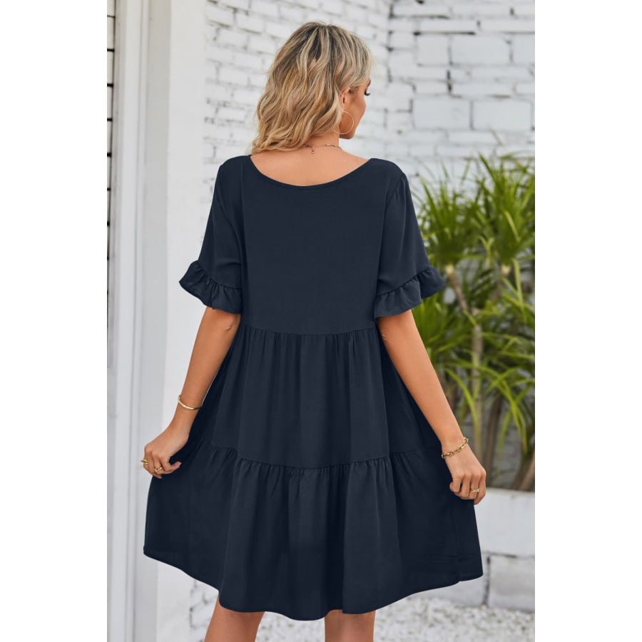 Mandy V-Neck Flounce Sleeve Tiered Dress Apparel and Accessories