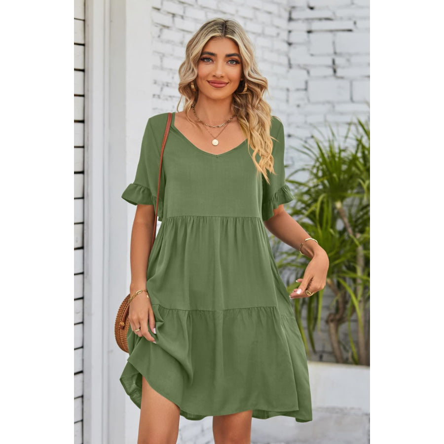 Mandy V-Neck Flounce Sleeve Tiered Dress Army Green / S Apparel and Accessories