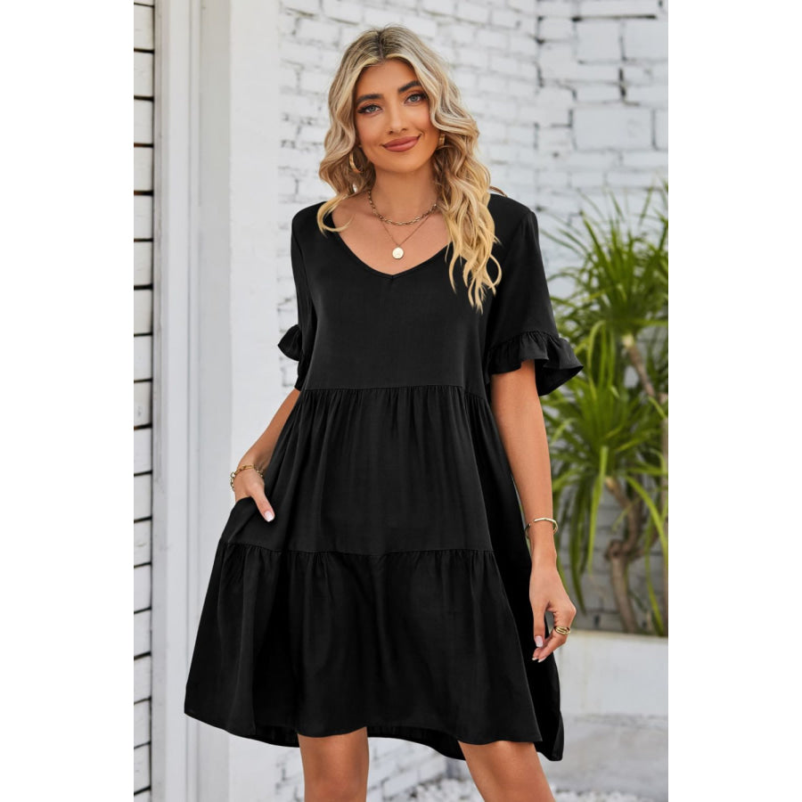 Mandy V-Neck Flounce Sleeve Tiered Dress Black / S Apparel and Accessories