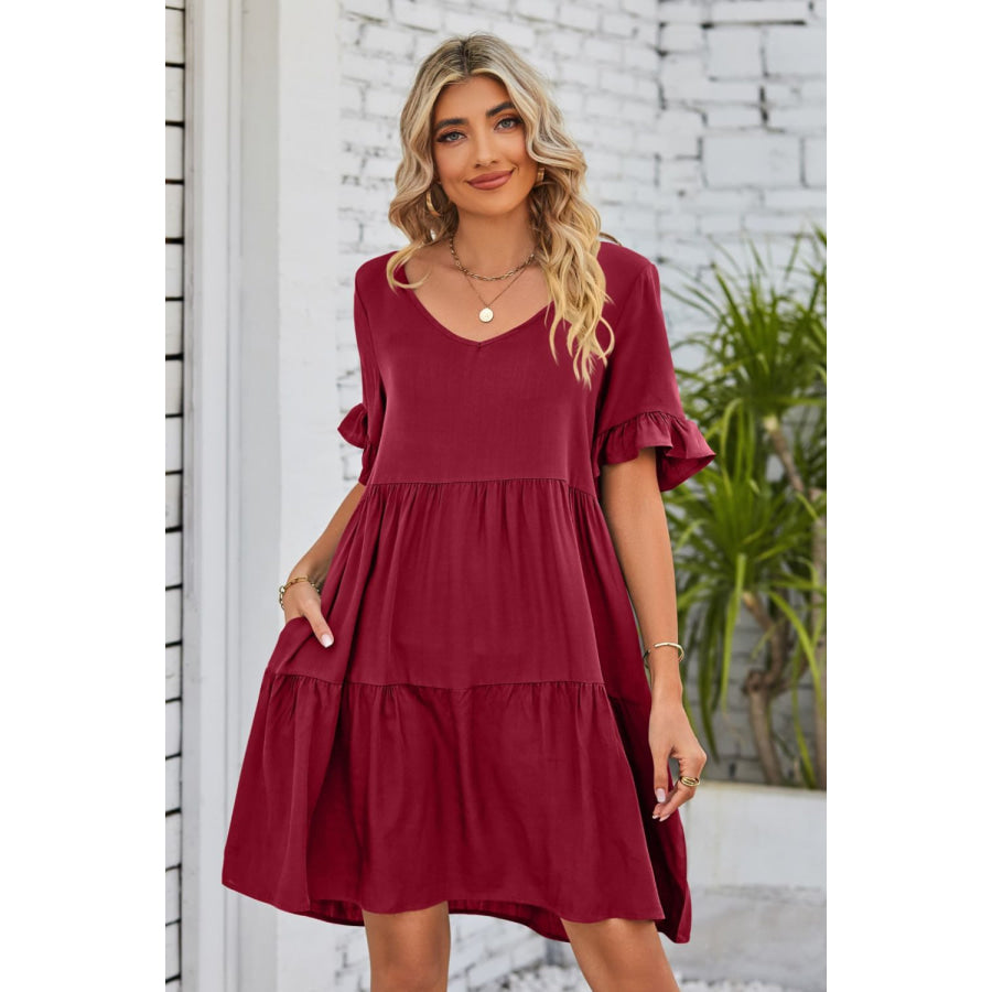 Mandy V-Neck Flounce Sleeve Tiered Dress Burgundy / S Apparel and Accessories